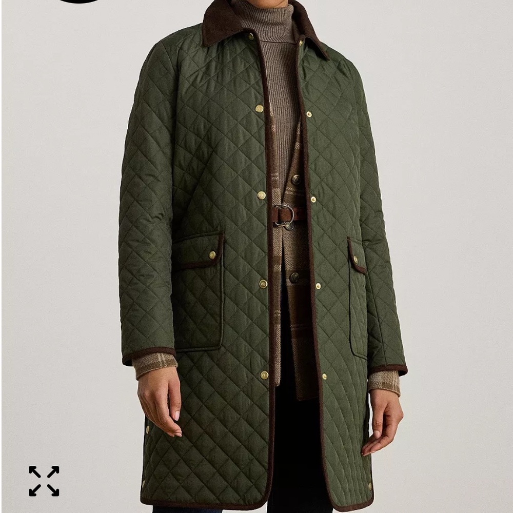 Lauren Ralph Lauren Olive Green Quilted Trench Coat with Brown CorduroyTrim NWOT